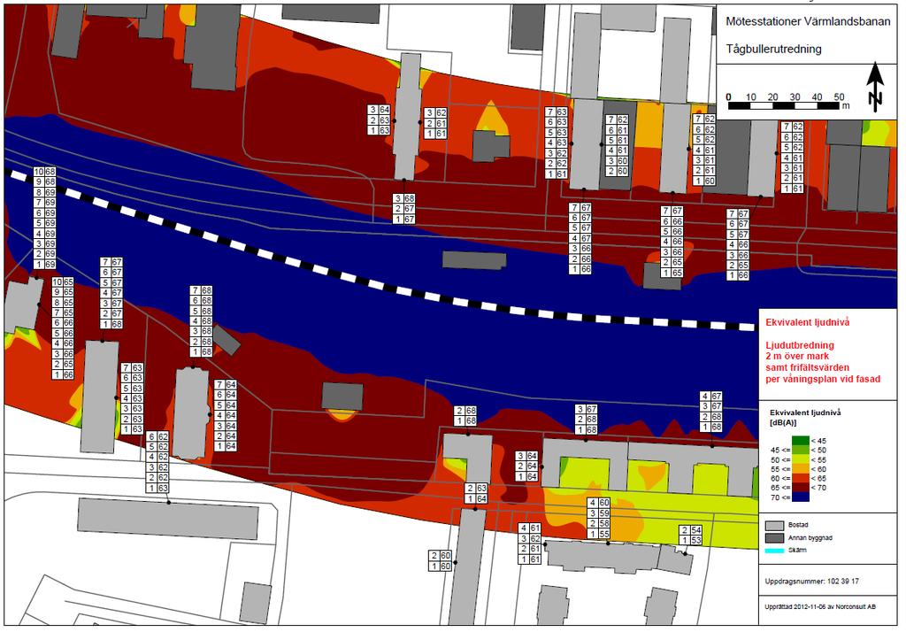 n:\102\39\1023917\0-mapp\09 beskr-utredn-pm-kalkyl\centrala karlstad pm 13-01-18.docx 10 (14) Figur 2 Exempel, ljudutbredningskarta med punktberäkningar.