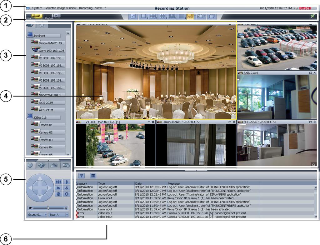 6 sv Användargränssnittet 2 Bosch Recording Station Användargränssnittet När systemet startas om och vid varje inloggning kommer du automatiskt till liveläget. Här kan du bl.a. visa rörliga bilder från utvalda kameror.