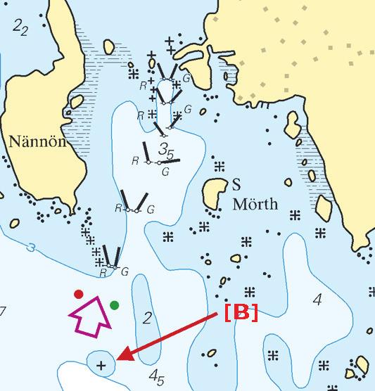 rock encircled by a 3 m depth contour b) 59-17,740N 15-45,084E a)