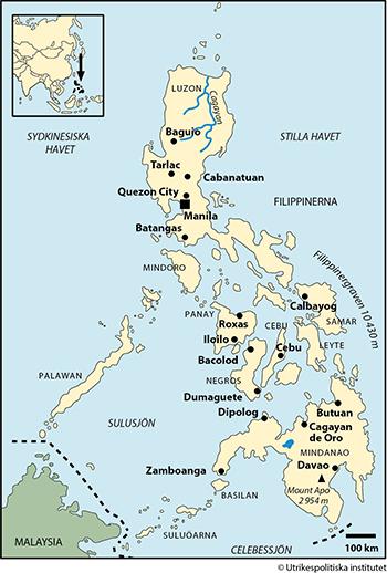Yta 300 000 km2 (2017) Tid svensk + 7 timmar Huvudstad med antal invånare Manila 11 800 000 (inklusive förorter, folkräkning 2010) Övriga större städer Davao City 1 450 000, Cebu 866 000, Zamboanga