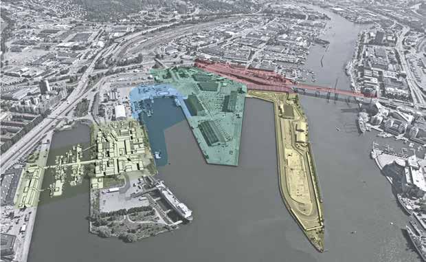 »De temporära bostäderna etableras på både mark och vatten i Frihamnen «.. Temporara bostader- Kvillepiren temporary housing JUBILEUMSPARKEN-FULL AKTIVITET (SEGLING, bad, odling, etc.