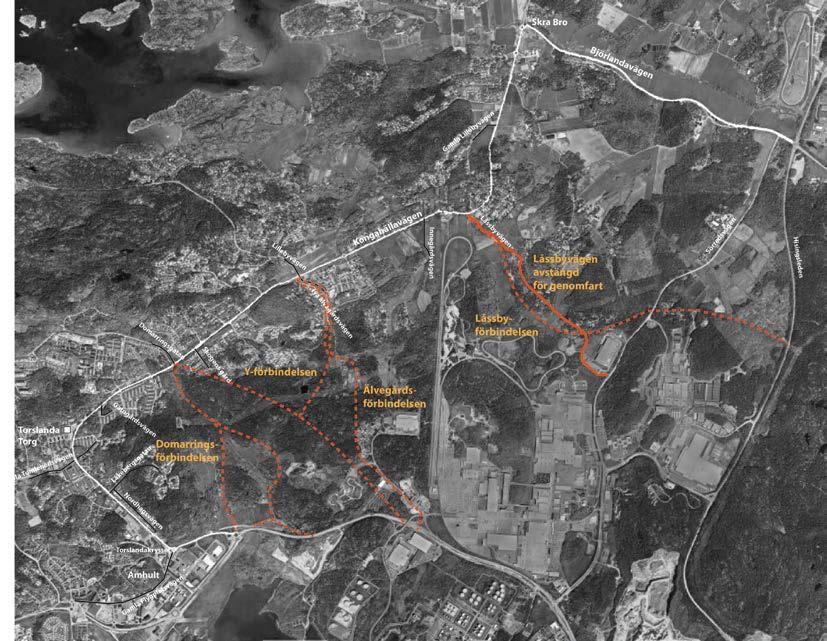 Figur 27 Översikt över de fyra förbindelsealternativen. Trafiksäkerhet På kort sikt bedöms en tvärförbindelse att generera mindre trafik genom centrala Torslanda.
