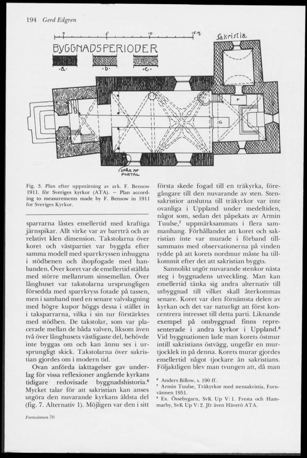 194 Gerd Edgren K _ l 1.. '?t- B^riADS PERIODER ÄKri/lia. Fig, 3. Flan efter uppmätning av ark. F. Bensow 1911. för Sveriges kyrkor (ATA). - Plan according to measurements made by F.
