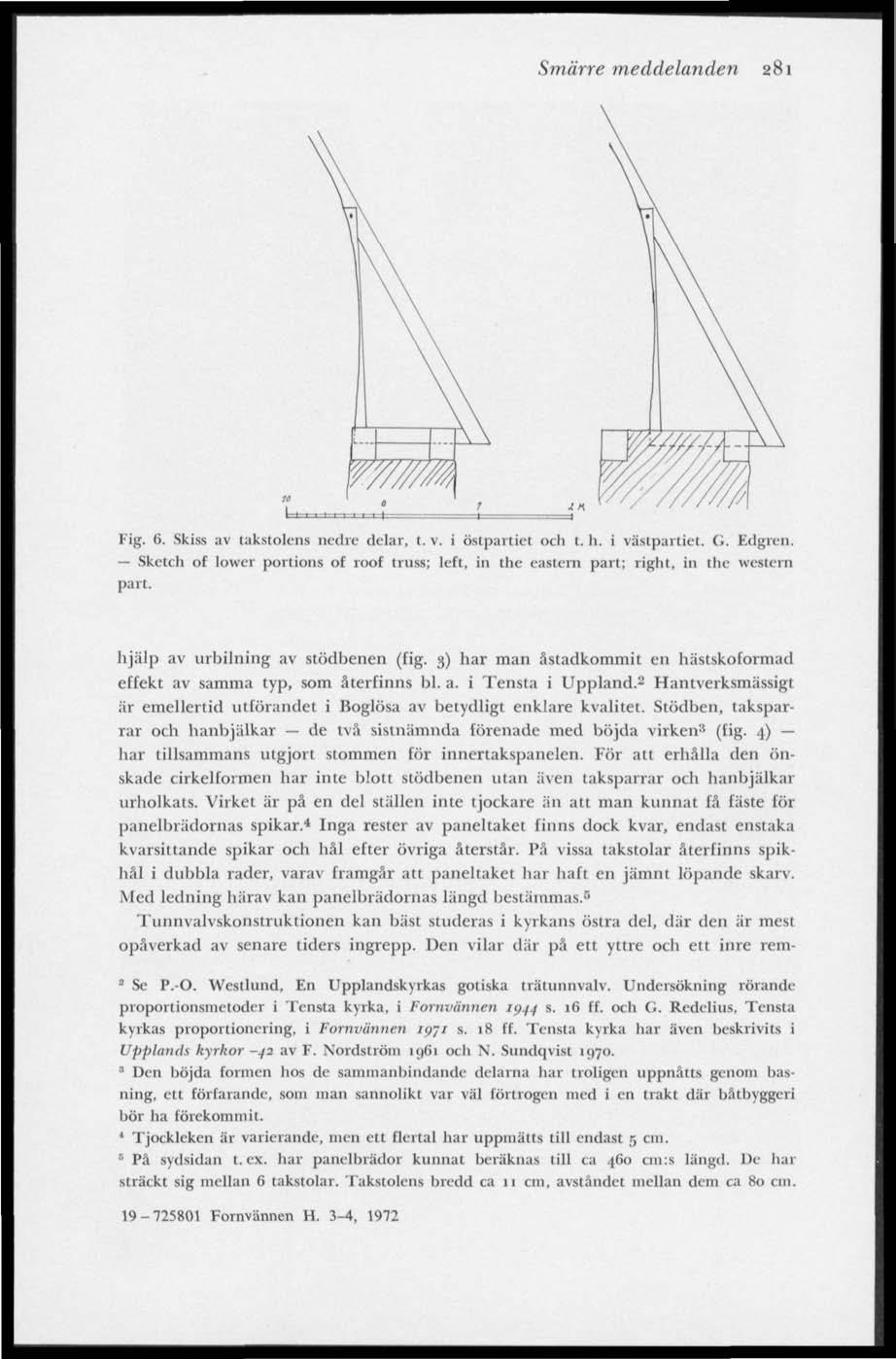 Smärre meddelanden 281 L Fig. 6. Skiss av takstolens nedre delar, t. v. i östpartiet och t.h. i västpartiet. G. Edgren.