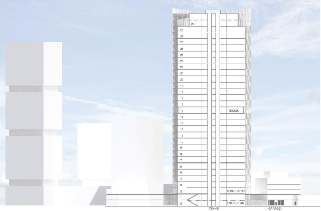 I befintligt torn (Canon-huset) planeras hotell. Platzer planerar att addera två våningar med parkeringar á 40 p-platser/våningsplan ovanpå befintligt p-hus (byggnadsdel 5 i figur 12).