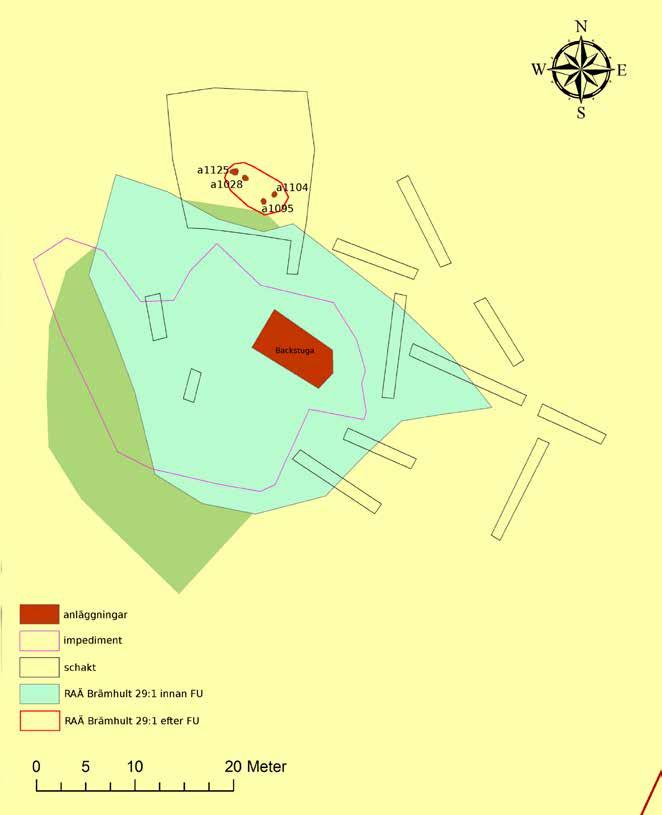 Blästbrukslämning i Brämhult 7 Figur 3. Karta över förundersökningsområdet med schakt och anläggningar markerade.