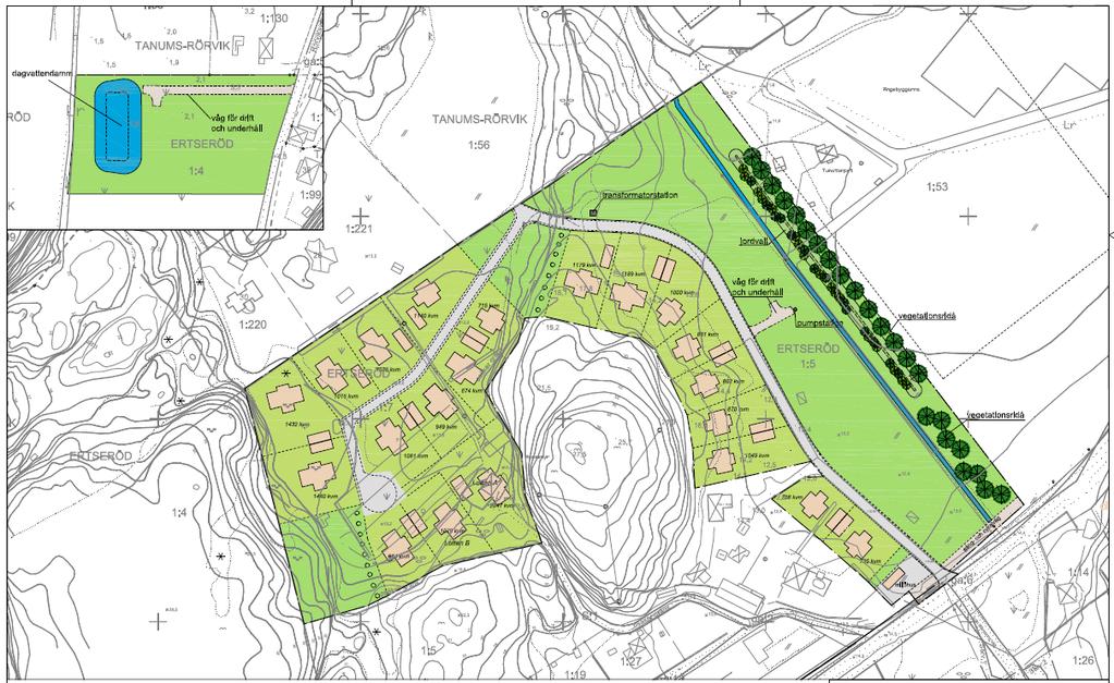 Ertseröd 1:5 och 1:7 Inom denna detaljplan planeras totalt 21 stycken nya enbostadshus med fördelningen 12 stycken inom Ertseröd 1:5 och 9 stycken inom Ertseröd 1:7, se Figur 4-2.