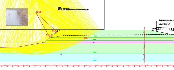 10.1.1 Geotekniska förutsättningar och resultat I modellen är avståndet mellan markytan och älvytan ca 12 m och vattendjupet i Dalälven ca 4 m.