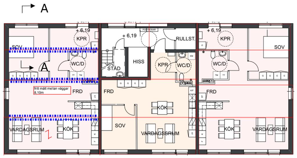 för balkar av typ HEA-360 i lägenheten längst till vänster. Dessa balkar placeras på liknande vis i övriga lägenheter. Bredden för modulerna varierar mellan cirka 2,2 meter till 3,1 meter.