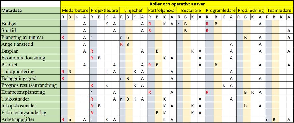 Roller och ansvar för metadata och information Roller och metadata: R-Redigerar r=sekundärt,