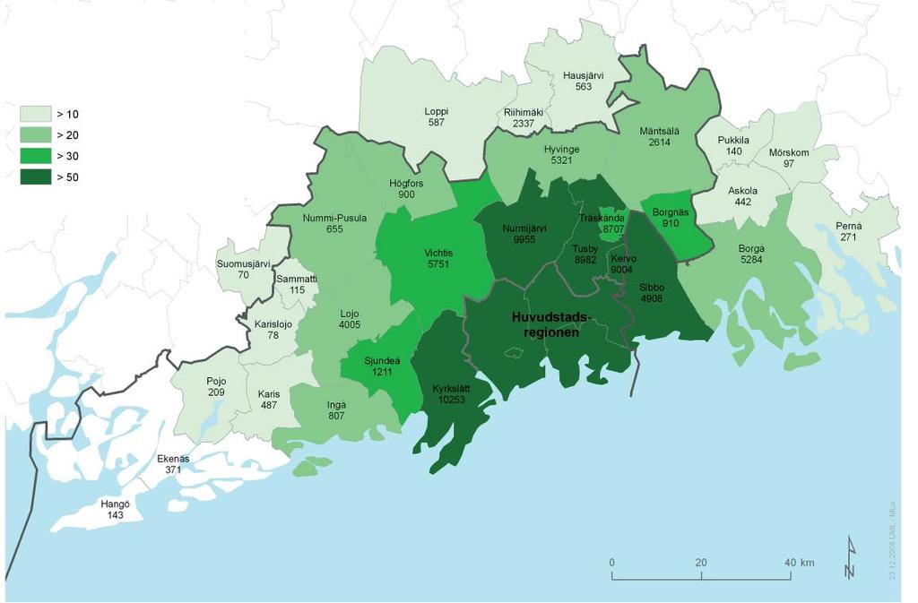Pendlare inom huvudstadsregionen 2006 % av kommunens sysselsatta Källa: Statistikcentralen 31.12.
