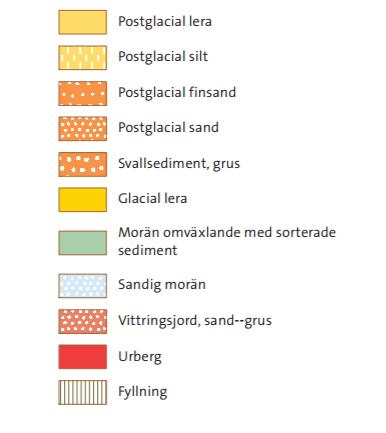Aktuellt område är inringat med svart (Källa: SGU:s karttjänst). Enligt utförda undersökningar har generellt jordmäktigheter mellan ca 16 och 40 m påvisats inom fastigheten.