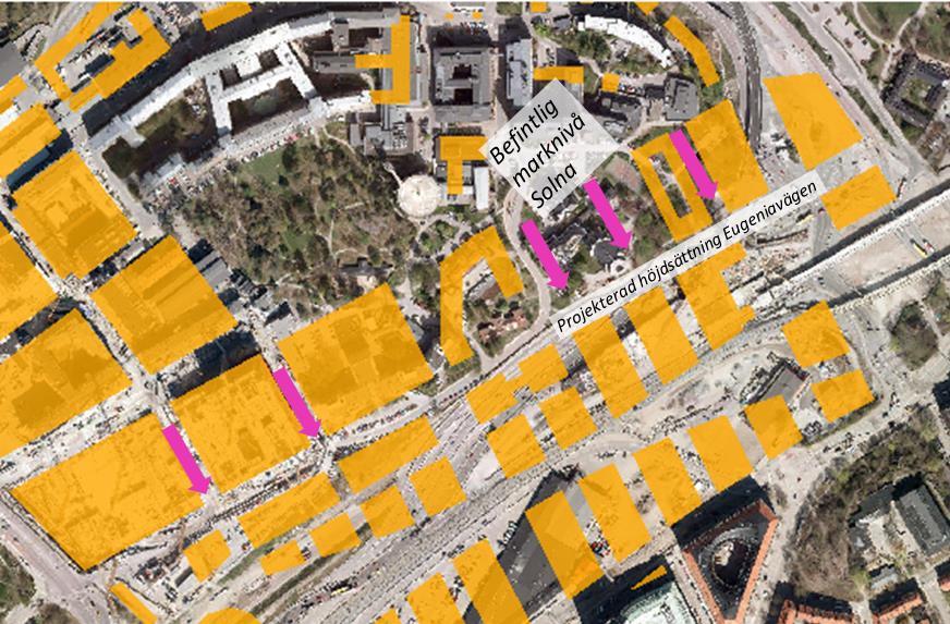 Figur 4. Befintliga höjder i Karolinska-området i Solna har korrigerats så att vattnet skall kunna rinna till Hagastaden enligt rosa pilar.