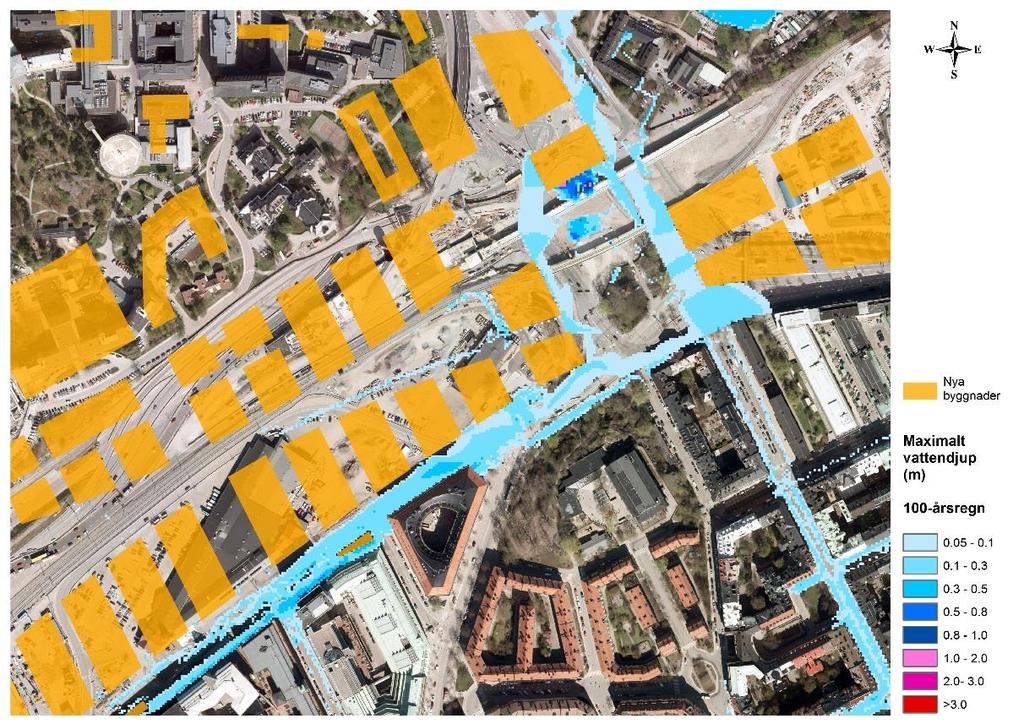 Figur 6. Resultat skyfallskartering vid belastning av 100-årsregn med 3 h varaktighet.