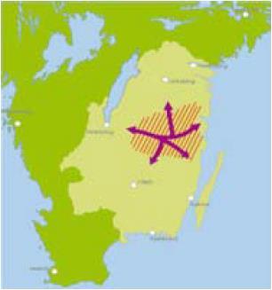 Markerade noder är de funktionella analysregionerna Blekinge, Jönköping, Kalmar, Växjö och Östergötland I gränsen av Småland/Östergötland, med endast 10 mil till Linköping/Norrköping, finns också