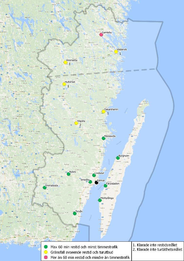 14 Nybro 2 1 Hultsfred och Oskarshamn 2 - Borgholm, Mörbylånga, Torsås och Västervik 1 - Kolumnen Inom länet visar antalet kommunhuvudorter i länet som kan nås med kollektivtrafik från respektive