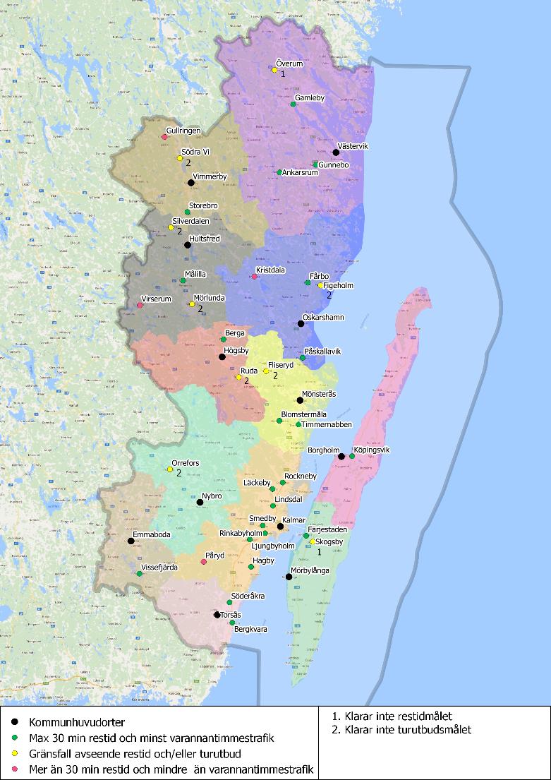 16 Av totalt 36 samhällen är det fyra (Gullringen i Vimmerby kommun, Kristdala i Oskarshamns kommun, Påryd i Kalmar kommun och Virserum i Hultsfreds kommun) som varken klarar kriteriet för restid