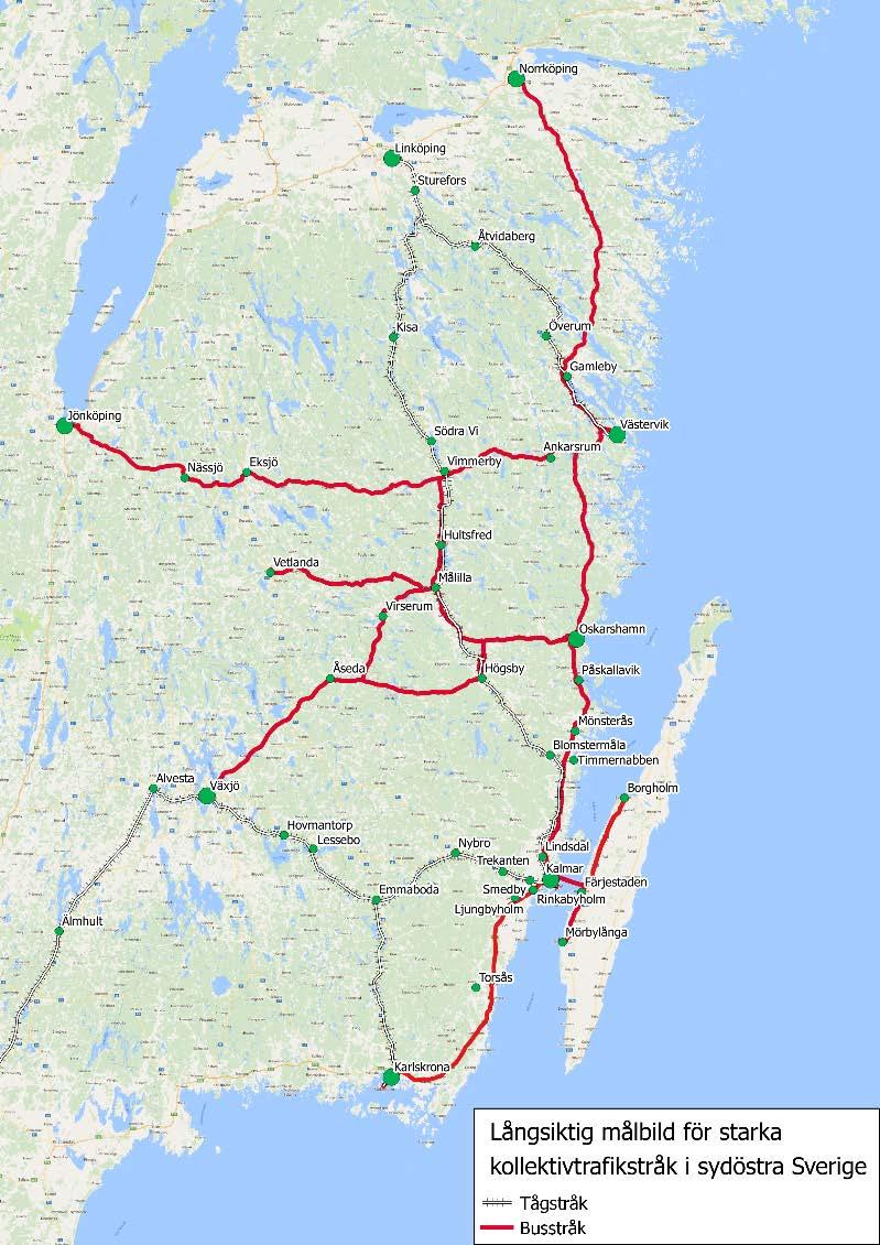 35 Tågtrafiken i de starka stråken byggs i första hand ut i befintlig trafik på befintliga banor, i andra hand i ny trafik på befintliga banor och i tredje hand i ny trafik på nya banor.