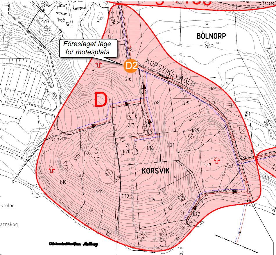 16 (25) Åtgärdsförslag En mötesplats i punkt D2 föreslås. Mötesplatsen angörs på en sträcka där möte med motortrafik är begränsad pga. det trånga utrymmet.