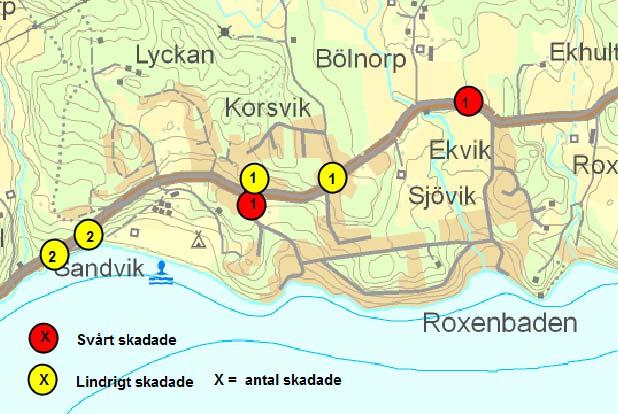 23 (25) Enligt studerat utdrag ur Vägverkets olycksdatabas av polisrapporterade olyckor samt sjukhusrapporterade skadefall 1993-2008 har 2 personer skadats svårt (SS) och 6 skadats lindrigt (LS) på