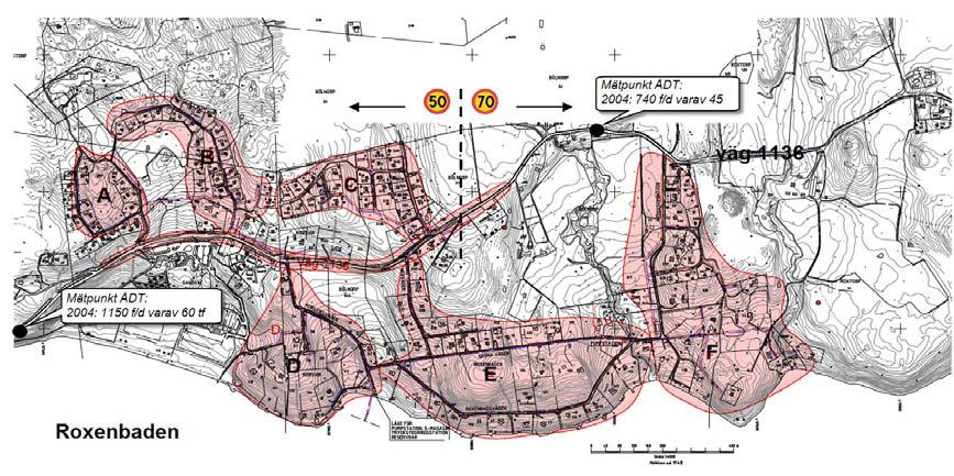 5 (25) I utredningen har Roxenbaden indelats i 7 mindre delområden A, B, C, D, E, F samt väg 1136.