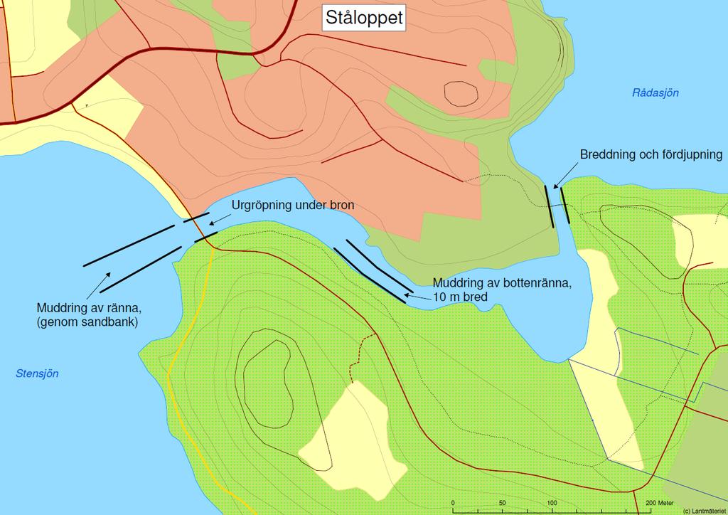 Figur 26 Förslag till åtgärder i Ståloppet. Utöver grävning och muddring byggs en ny, längre bro vid Rådasjöns utlopp.