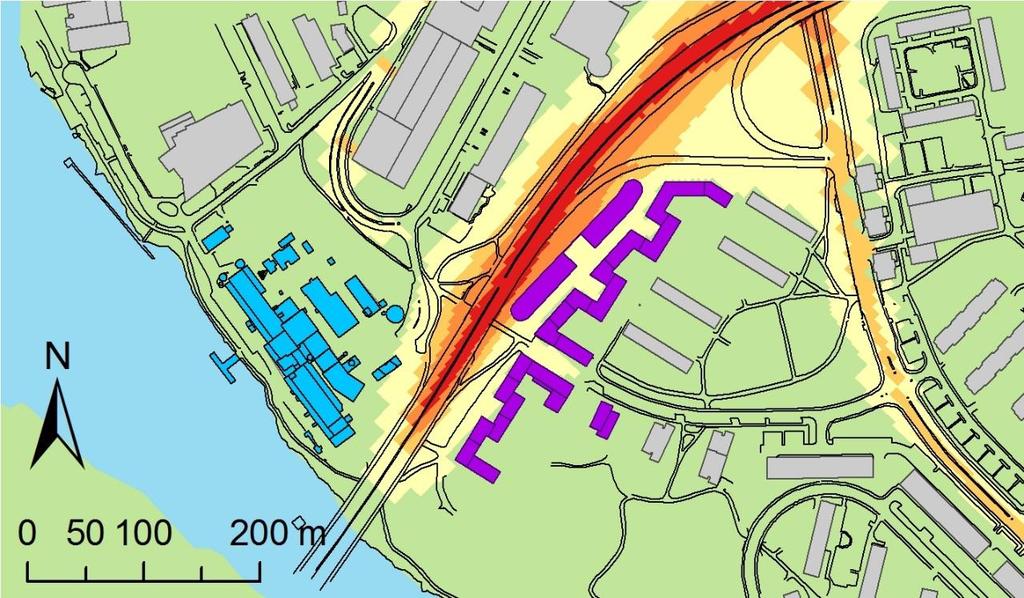 Normen som ska klaras är 60 µg/m 3. Solnaverket öster om Huvudstaleden visas i blått.
