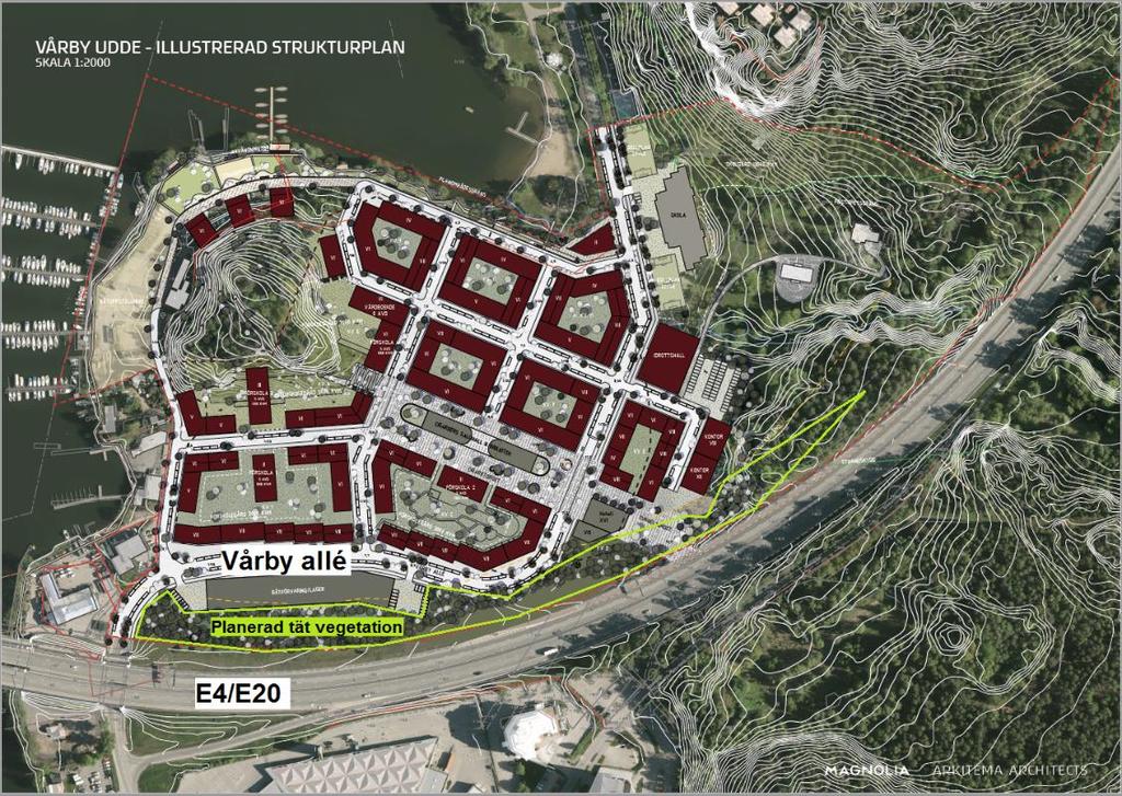 Figur 1. Strukturplan för området. Planerade byggnader visas som vinröda polygoner. Inom det grönmarkerade området planeras det för tät vegetation för att avskärma området från E4/E20.