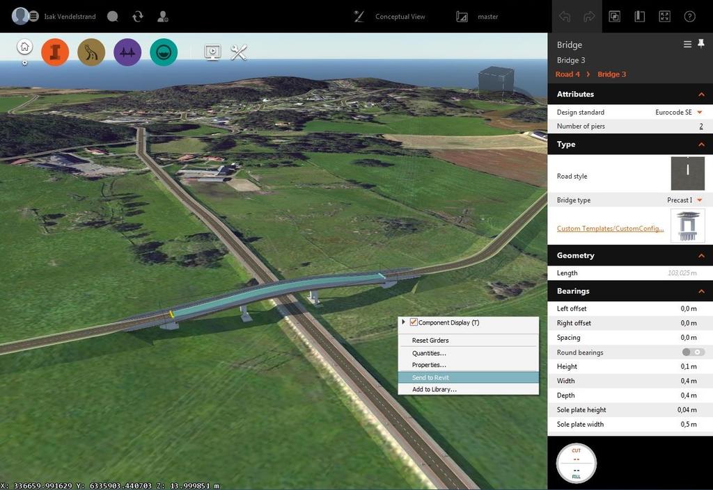 2. InfraWorks 360 i samverkan med Revit Med hjälp av Send to Revit -funktionen kan användaren automatiskt skapa en Revit-modell för exempelvis en bro.