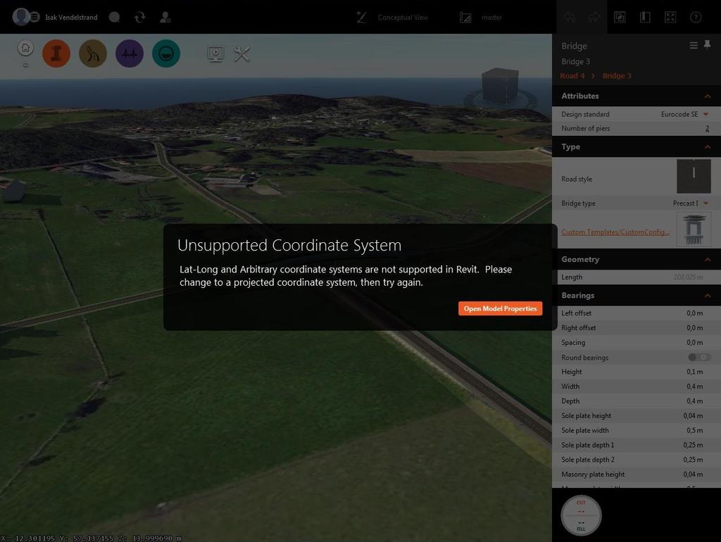 Figur 2.3 Felmeddelande - Unsupported Coordinate System - Ändra UCS genom att klicka på för att få upp en lista med olika koordinatsystem.