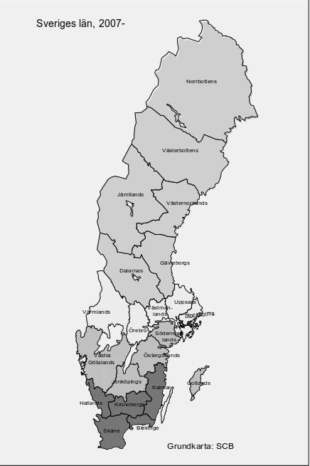 Figur 1: Sveriges karta, 21 län har delats upp i fyra grupper, norra, mellersta,