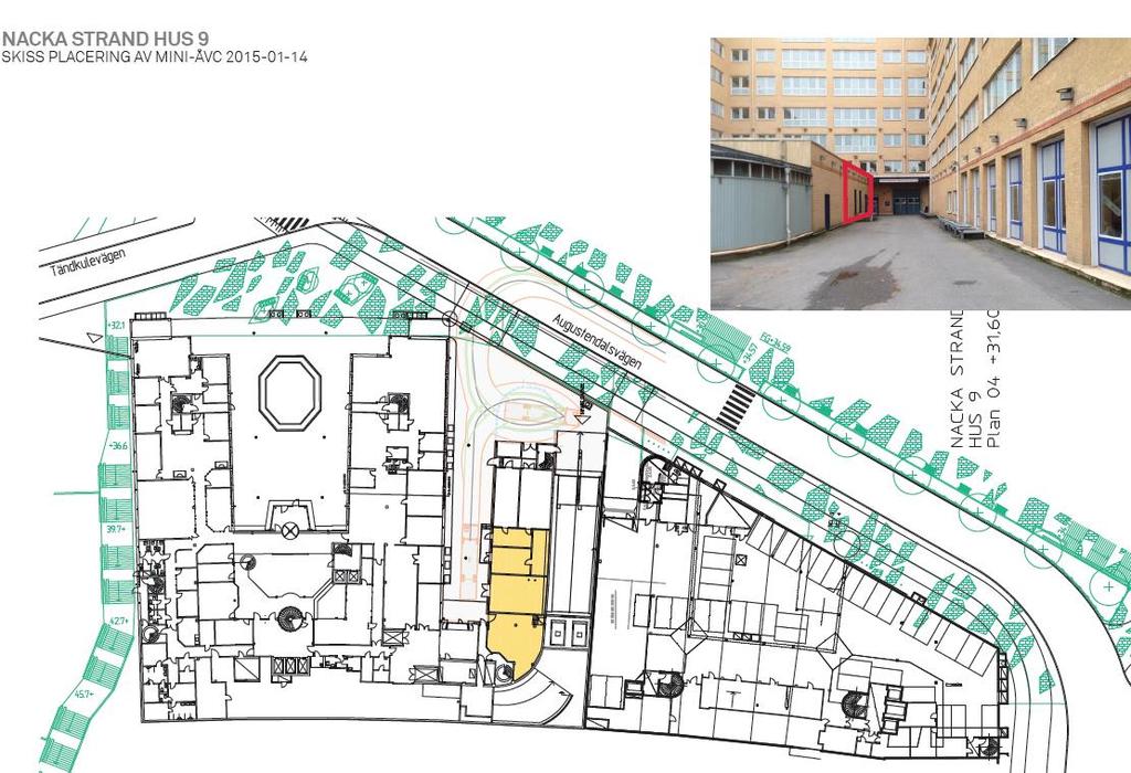 Figur 8 Placering av Mini-ÅVC i hus 9 I Figur 8 är platsen gulmarkerad för permanent mini-åvc med centralt läge, lätt tillgänglig för
