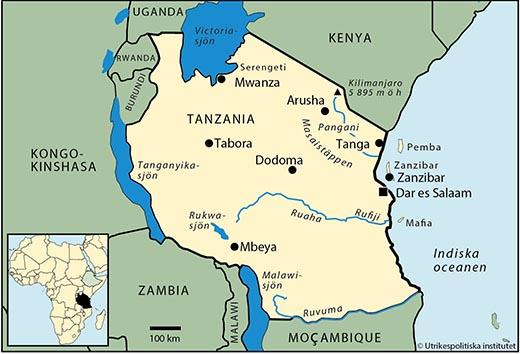 Yta 945 090 km2 (2017) Tid svensk +2 timmar Angränsande land/länder Kenya, Uganda, Rwanda, Burundi, Zambia, Kongo-Kinshasa, Malawi, Mocambique Huvudstad med antal invånare Dodoma 411 000, (officiell