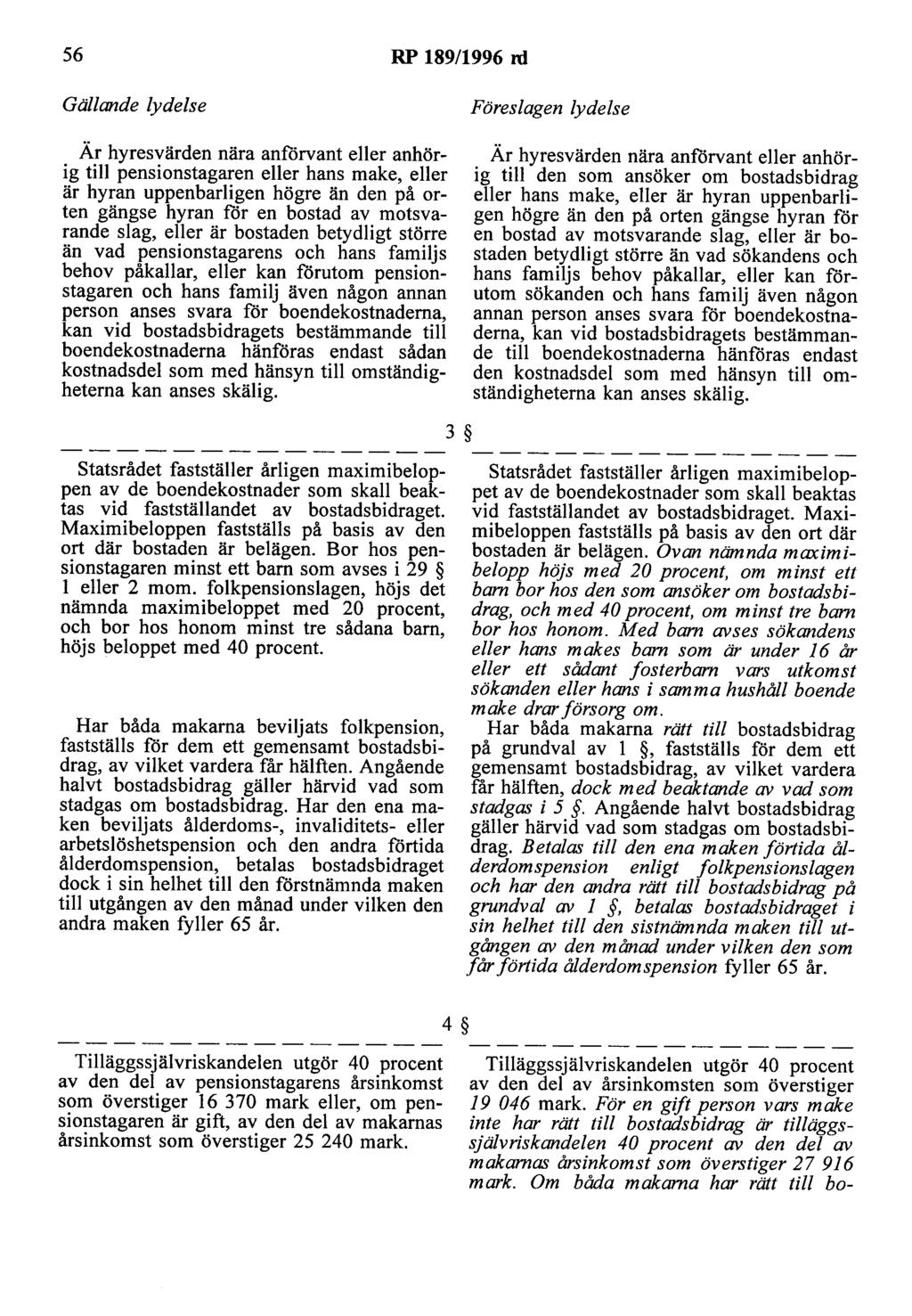 56 RP 189/1996 rd Är hyresvärden nära anförvant eller anhörig till pensionstagaren eller hans make, eller är hyran uppenbarligen högre än den på orten gängse hyran för en bostad av motsvarande slag,