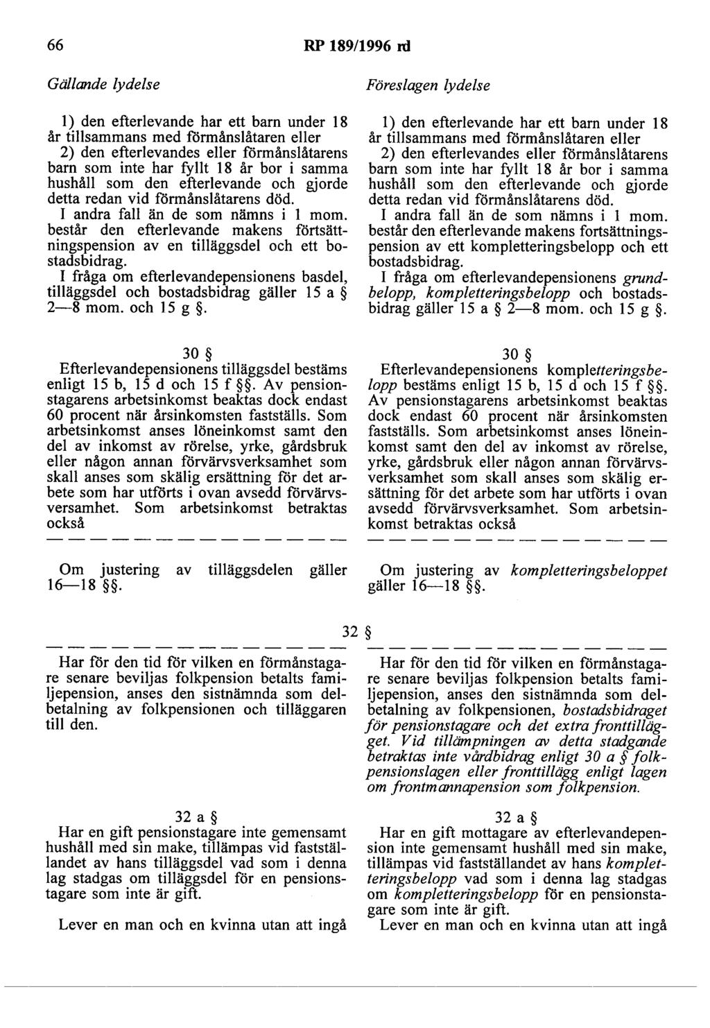 66 RP 189/1996 rd l) den efterlevande har ett barn under 18 år tillsammans med förmånslåtaren eller 2) den efterlevandes eller förmånslåtarens barn som inte har fyllt 18 år bor i samma hushåll som