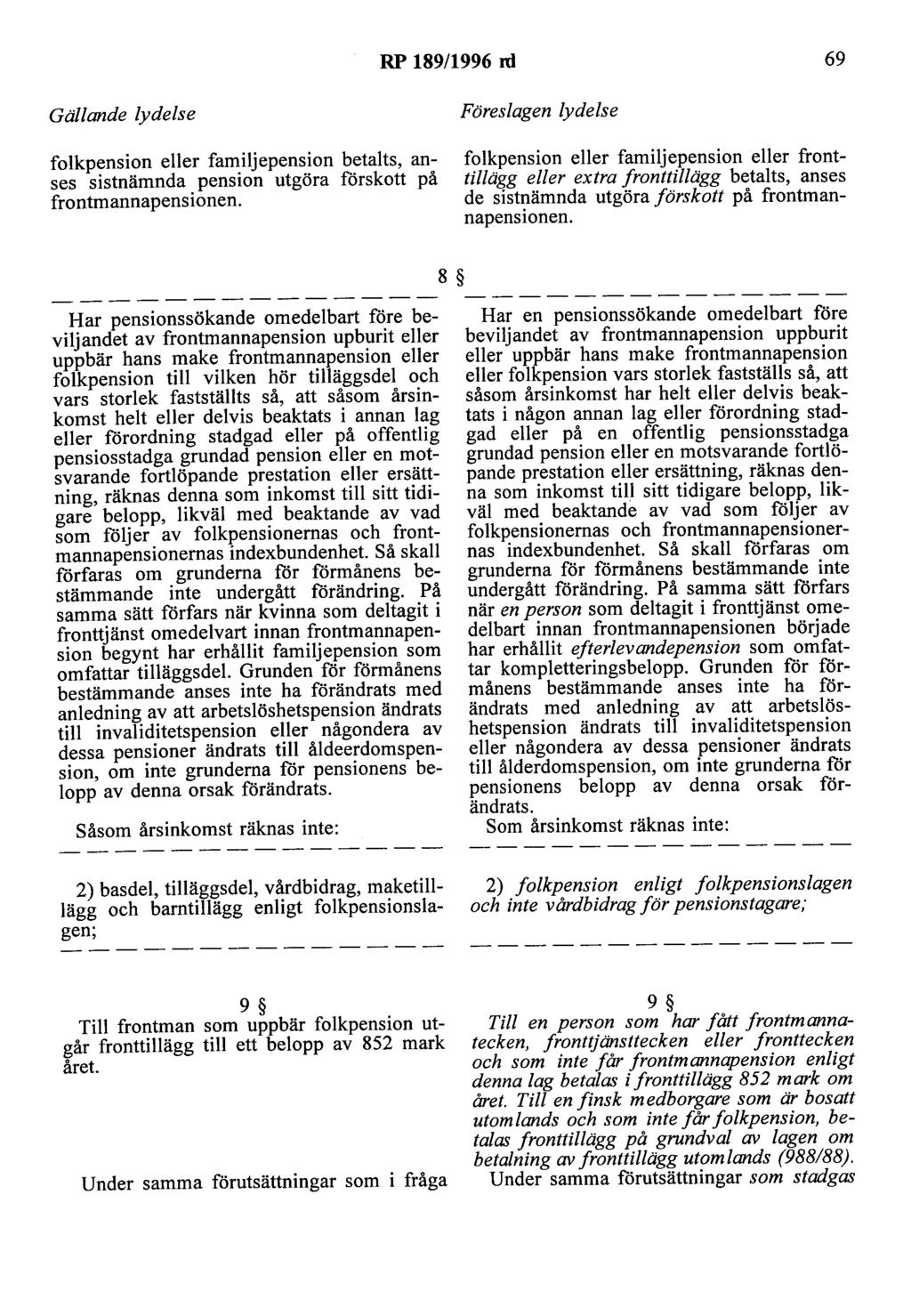 RP 189/1996 ni 69 folkpension eller familjepension betalts, anses sistnämnda pension utgöra förskott på frontmannapensionen.