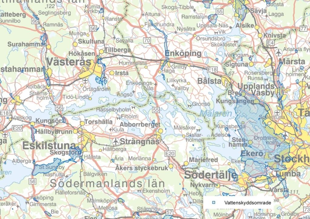Figur 39. Vattenskyddsområden i och kring Mälaren. Källa: Naturvårdsverket (2017a) Bakgrundskarta från Lantmäteriet.
