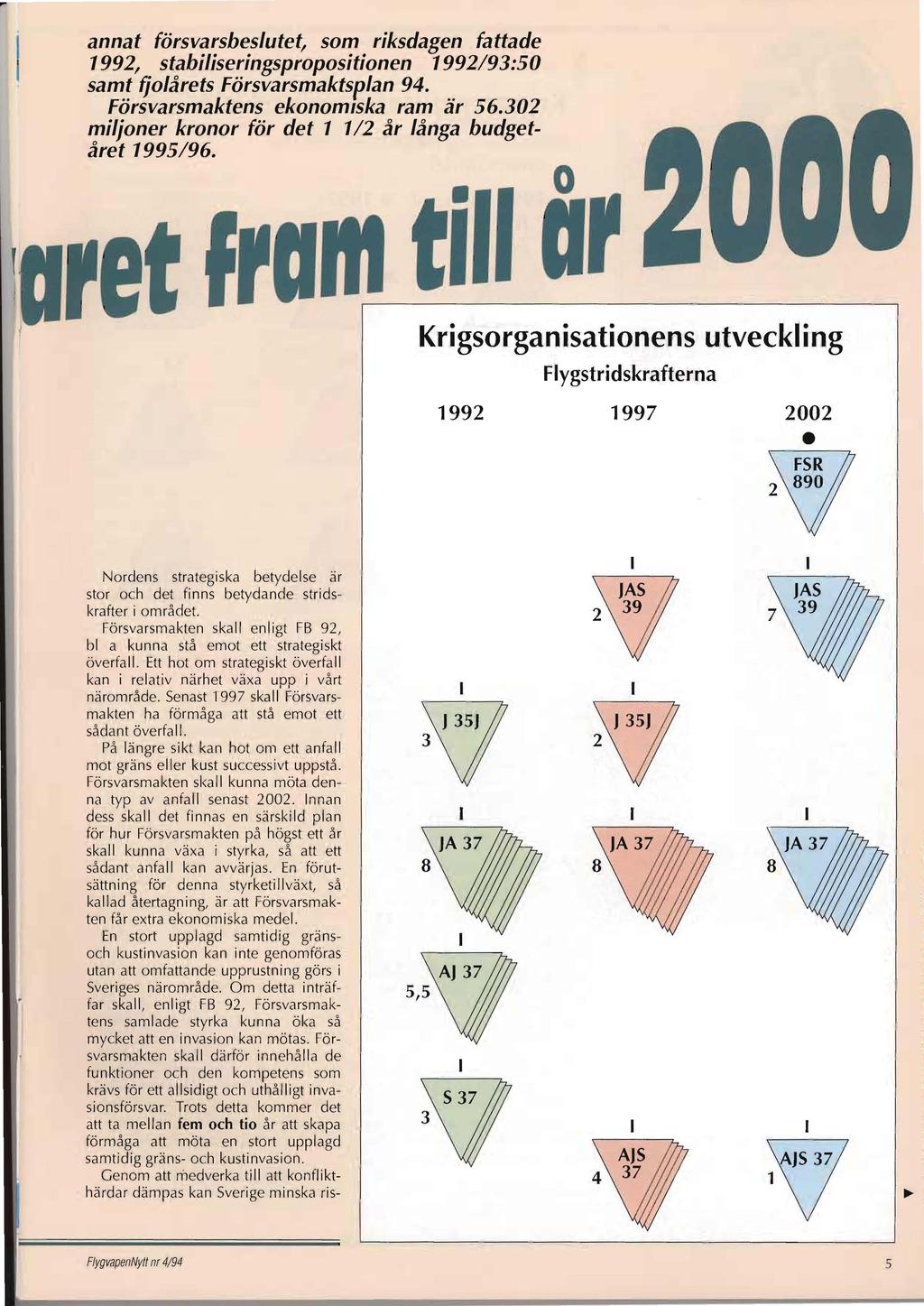 annat försvarsbeslutet, som riksdagen fattade 1992, stabiliseringspropositionen 1992/93:50 samt fjolårets Försvarsmaktsplan 94. Försvarsmaktens ekonomiska ram är 56.