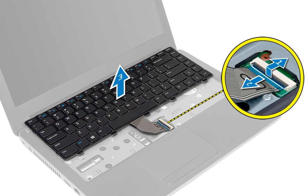 Installera tangentbordet 1. Anslut tangentbordskabeln till kontakten på moderkortet. 2. Skjut in tangentbordet på plats i datorn och snäpp fast det. 3.