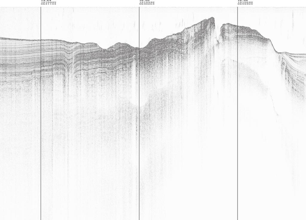 11. Tolkning av seismik och sedimentekolod. A. Seismikprofilen. B. Sedimentekolodprofilen. C. Geologisk tolkning. Seismic interpretation. A. The seismic profile. B. The subbottom profiler image. C. The geological interpretation.