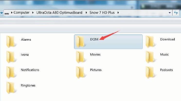 3. För att föra över bilder: När du öppnar disken Snow 7 HD Plus finns ett flertal mappar (se figur nedan), till exempel Alarms, Movies och Music.