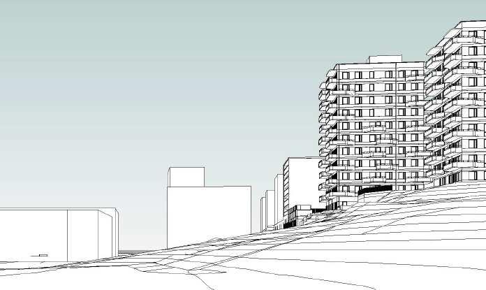 2018-04-11 6 (10) Föreslagna hus sedda från Östra Madenvägen. Exempel på fasadutformning. Fojab arkitekter. Solstudie på föreslagna och omgivande hus. Den vänstra bilden visar vårdagjämning kl.