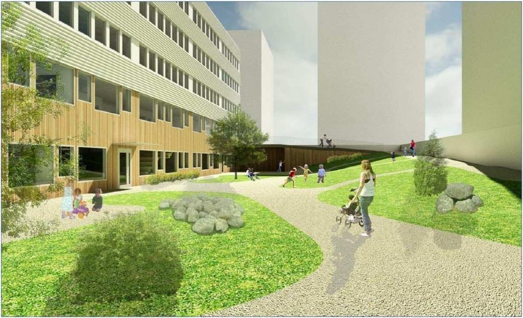 2018-04-11 7 (10) Föreslagen förskolegård. Exempel på gårdsutformning. Fojab arkitekter. Mark och vegetation Dagvatten Dagvatten ska fördröjas och renas med hjälp av grönytor på kvartersmark.