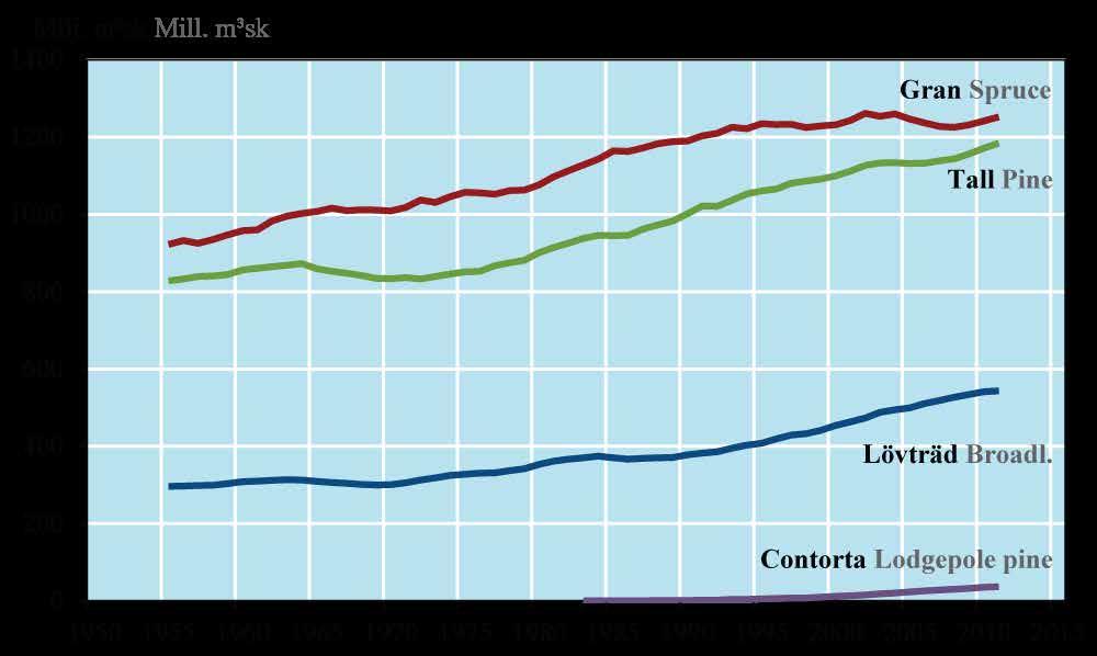 Prod. skogsmark Figur 3.11. Virkesförrådet fördelat på trädslag. 1955-2011. Produktiv skogsmark.