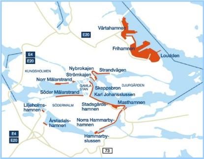 Bild 1. Mark som Stockholms Hamn förvaltar i Stockholm och som omfattar både tillståndspliktig och inte tillståndspliktig hamnverksamhet. (www.stockholmshamnar.