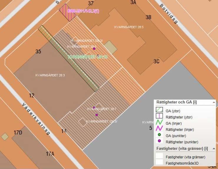 Fastighetsrättsliga åtgärder Förutsättningar Planområdet omfattar fastigheten Kvarngärdet 28:3 och ägs av Bergsporten AB. Fastigheten belastas av två servitut.
