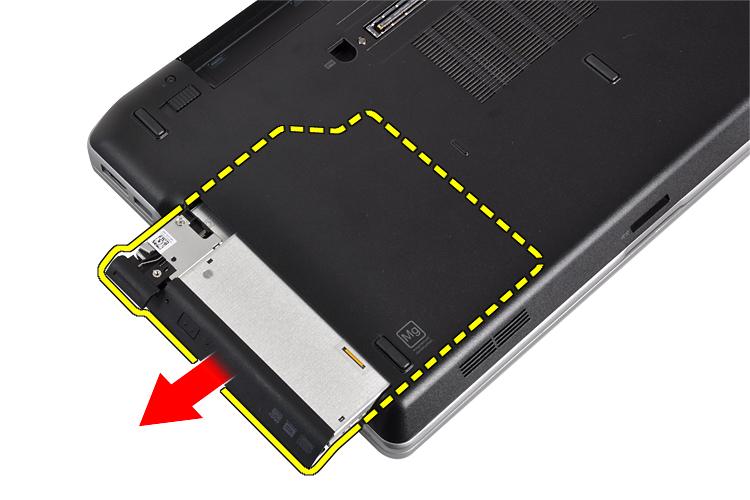 Ta bort den optiska enheten 1. Följ anvisningarna i Innan du arbetar inuti datorn. 2. Ta bort batteriet. 3.