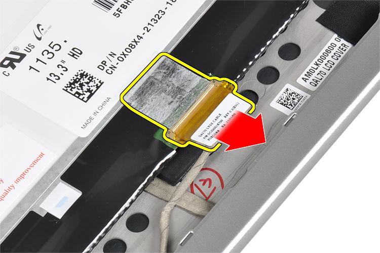 5. Vänd på bildskärmspanelen. 6. Dra bort tejpen på LVDS-kabelkontakten och koppla bort LVDS-kabeln från bildskärmspanelen. 7. Ta bort bildskärmspanelen från bildskärmsmonteringen.