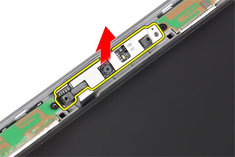 Ta bort kamera- och mikrofonmodulen 1. Följ anvisningarna i Innan du arbetar inuti datorn. 2. Ta bort: a) batteriet b) bildskärmsramen 3.