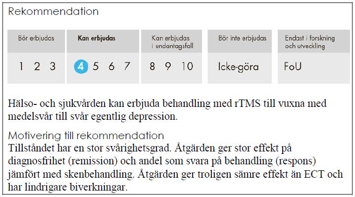 6 (10) Bilaga 1 Tillstånd: Vuxna med medelsvår till svår egentlig depression Åtgärd: Repetitiv transkraniell magnetstimulering (rtms) Beskrivning av tillstånd och åtgärd En egentlig depression ska ha